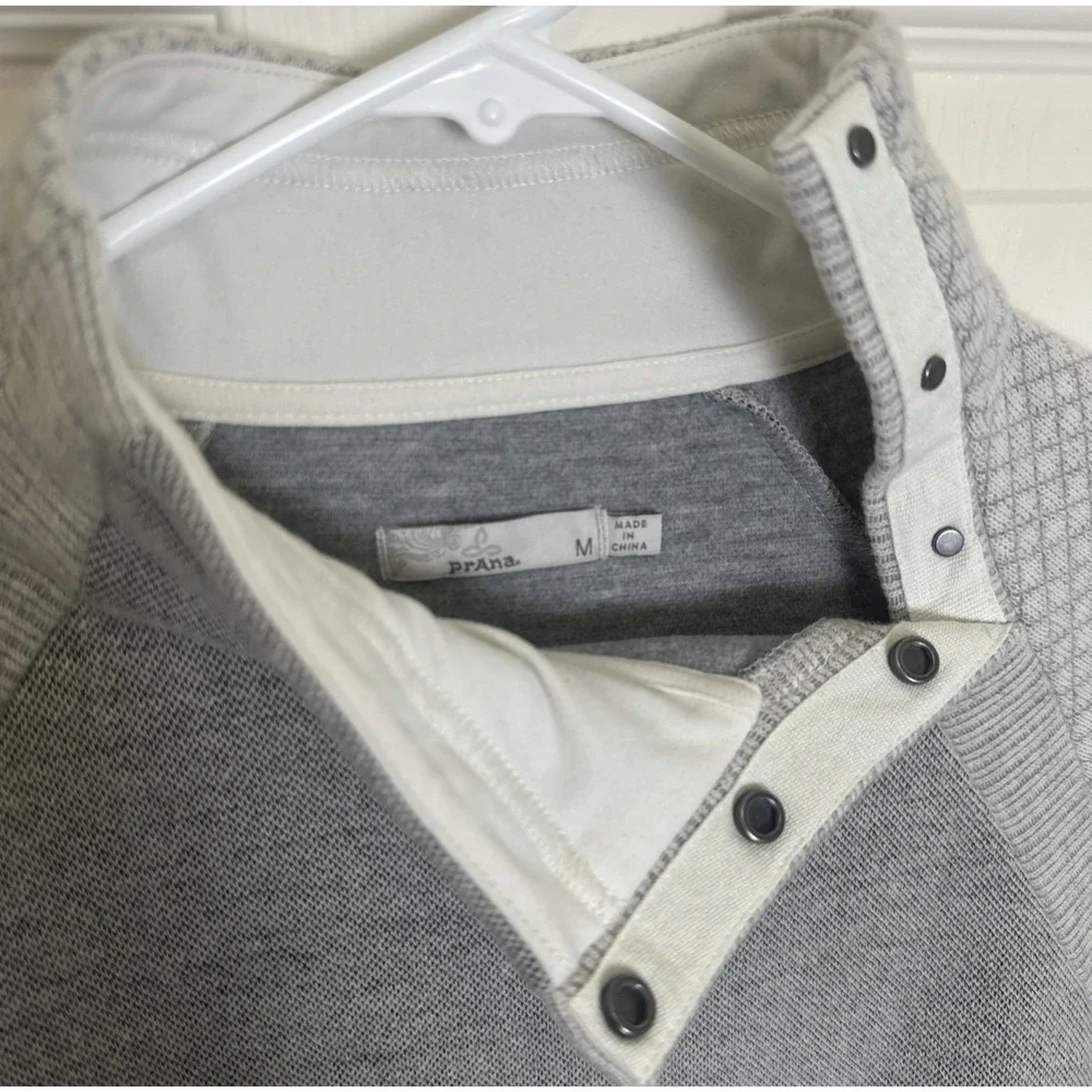 Prana Brandie Fleece Lined Wool Snap Collar Pullover Sweater Gray & Bone Woman M